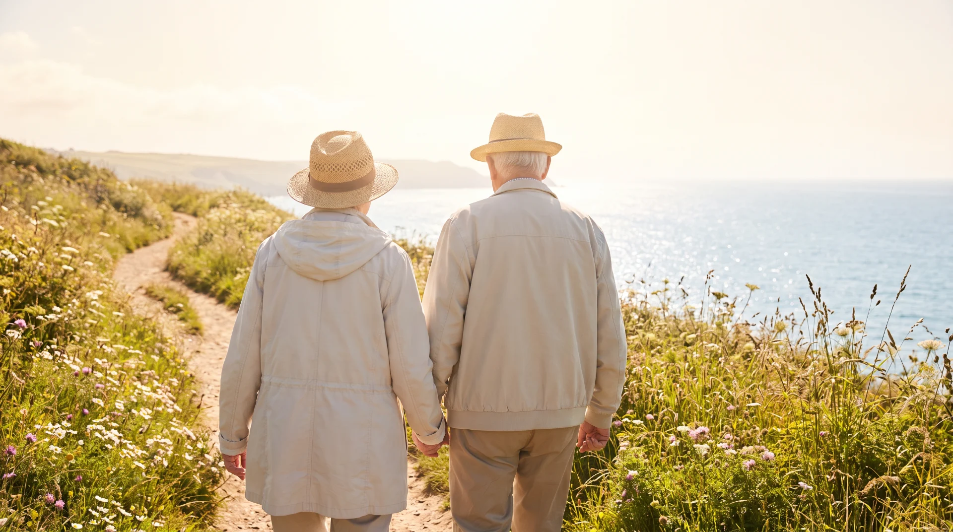 Couple de seniors marchant sur un sentier côtier ensoleillé