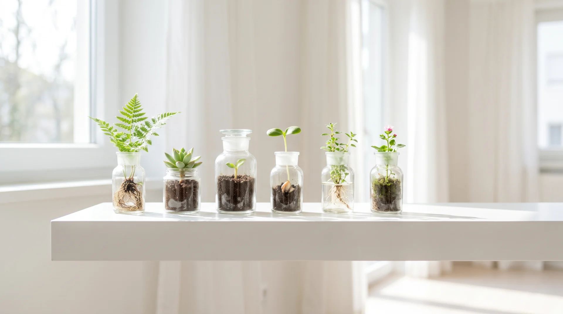 Bocaux de verre contenant de jeunes plantes