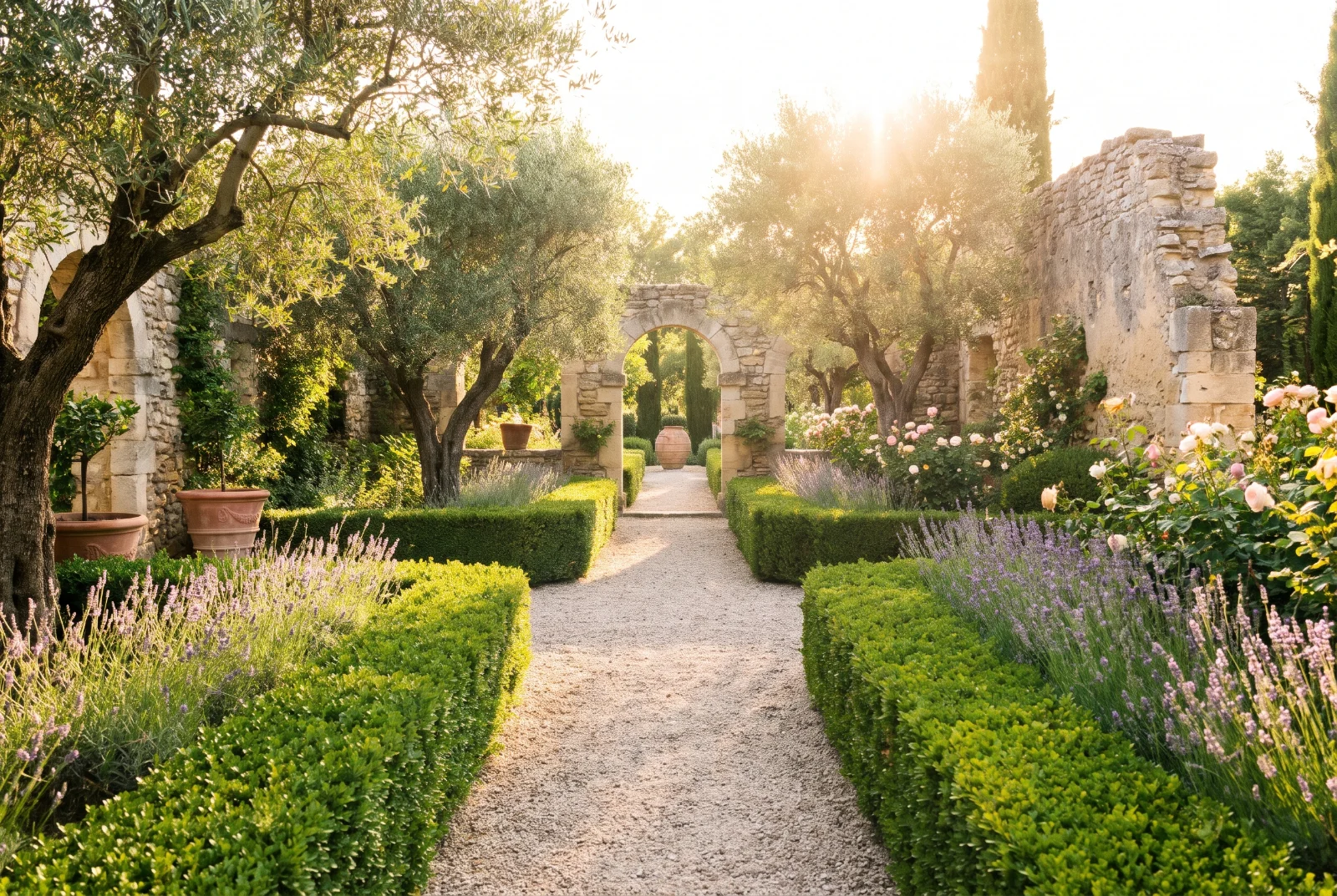 Allée de jardin ensoleillée se divisant en deux chemins entre des haies