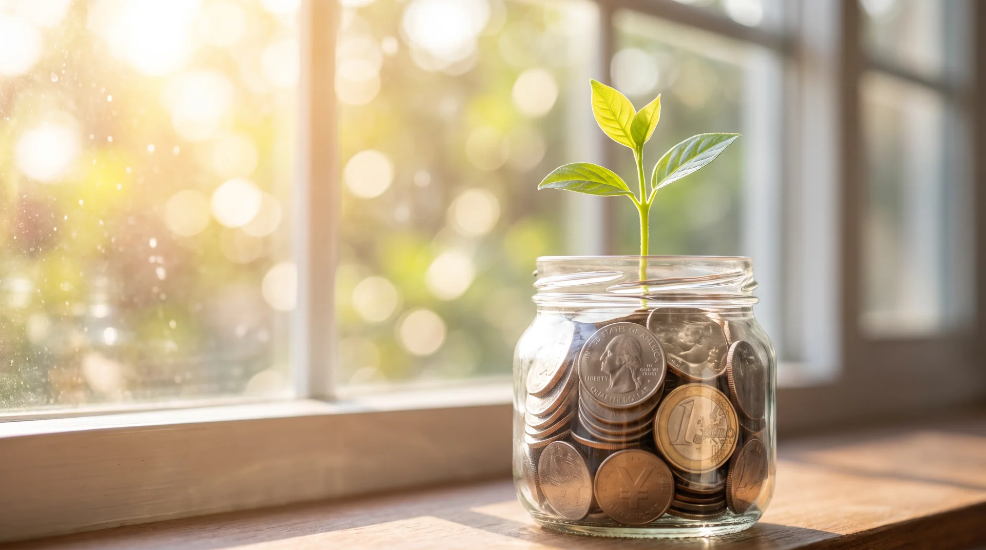 Jeune plante poussant dans un bocal de pièces de monnaie