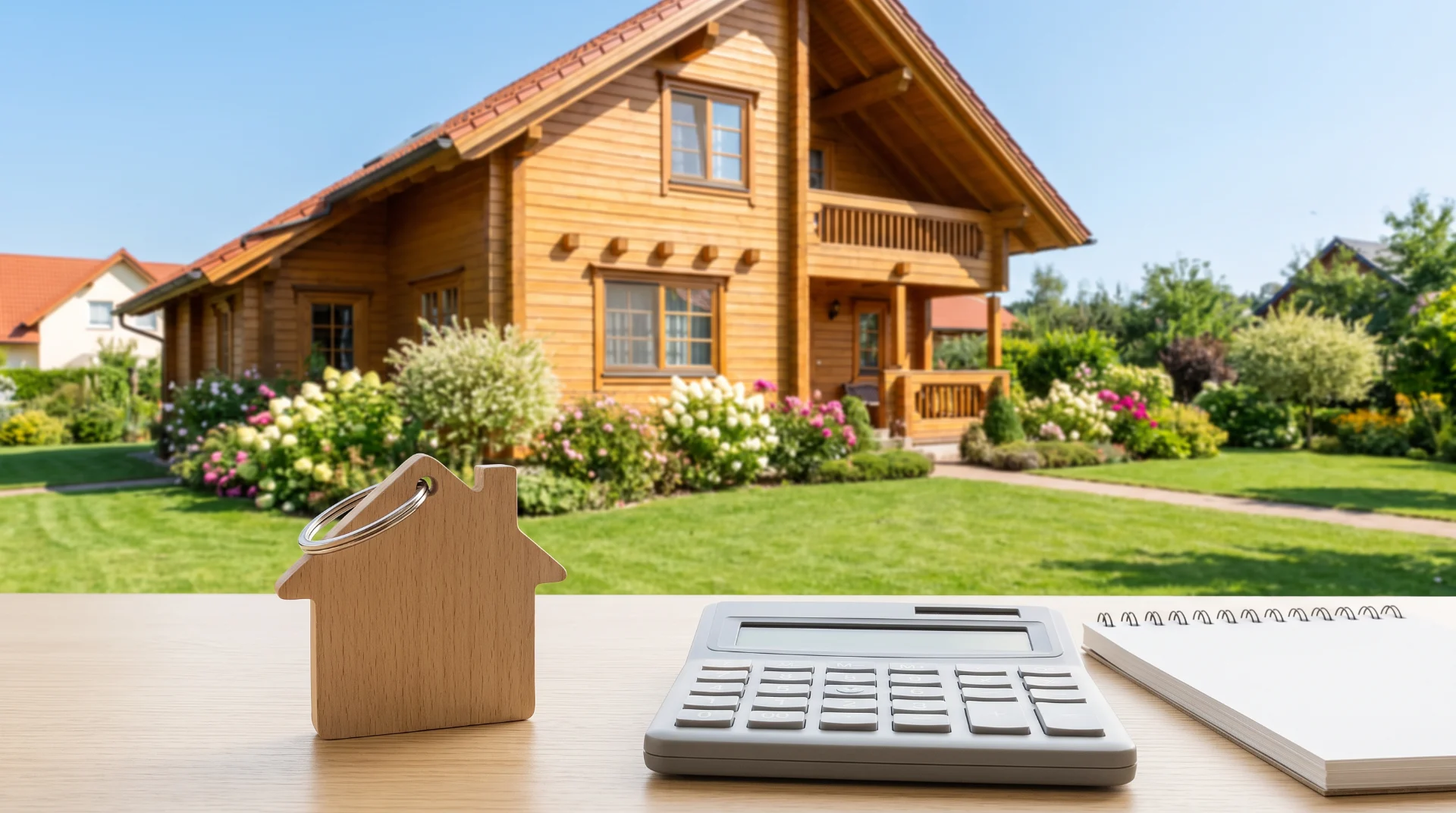 Maison à vendre avec jardin, clés, calculatrice et bloc-notes sur une table