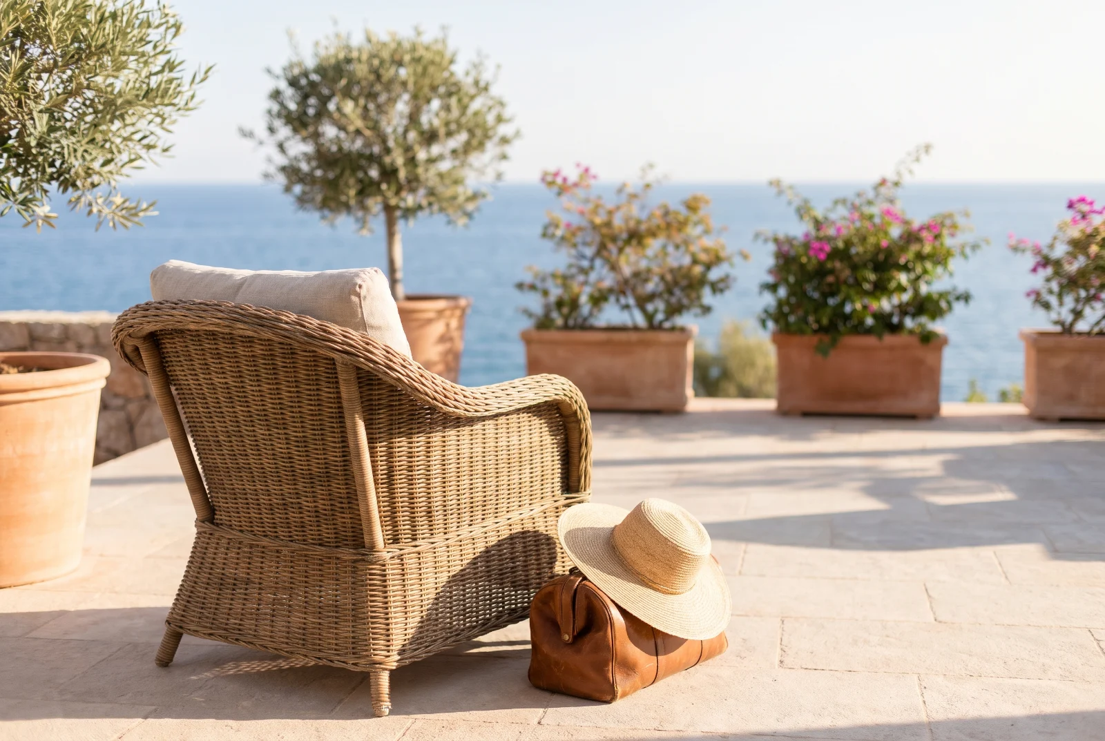 Terrasse ensoleillée en bord de mer avec chaise en rotin et chapeau de paille