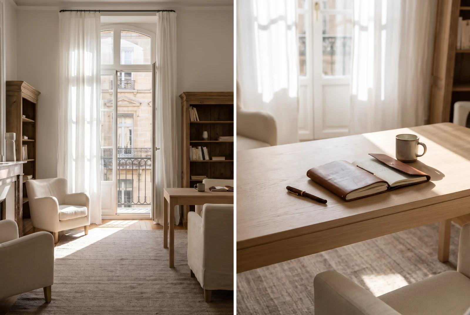 Bureau lumineux avec carnet en cuir et stylo plume devant une fenêtre ouverte
