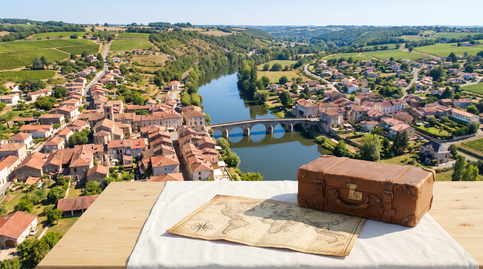 Vue lumineuse d'une ville française avec valise et carte ancienne