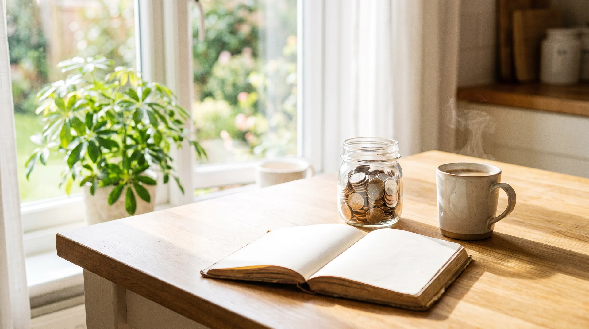 Table de cuisine ensoleillée avec un bocal de pièces, un carnet et un café