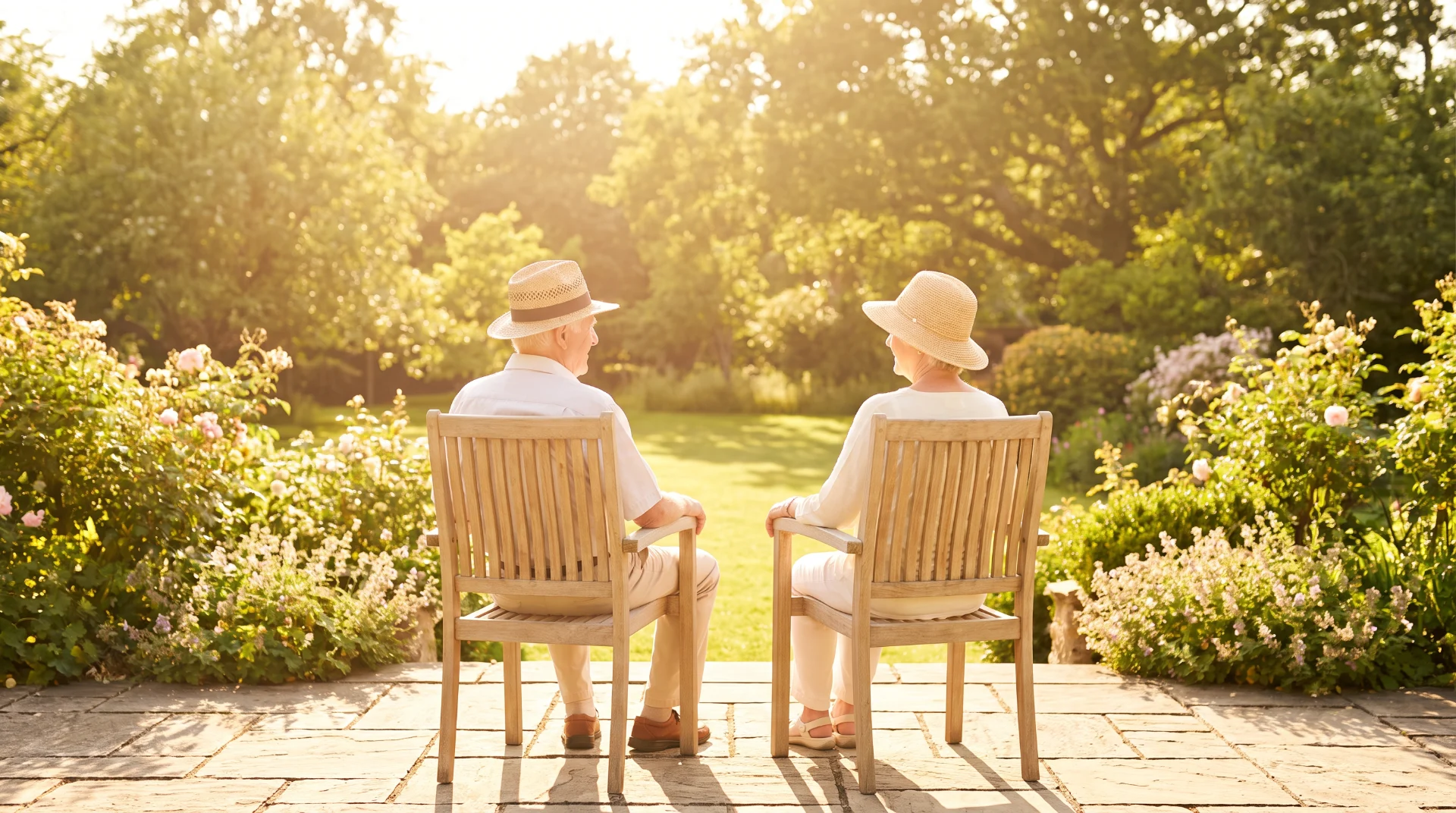 Couple de seniors assis sur la terrasse ensoleillée de leur maison